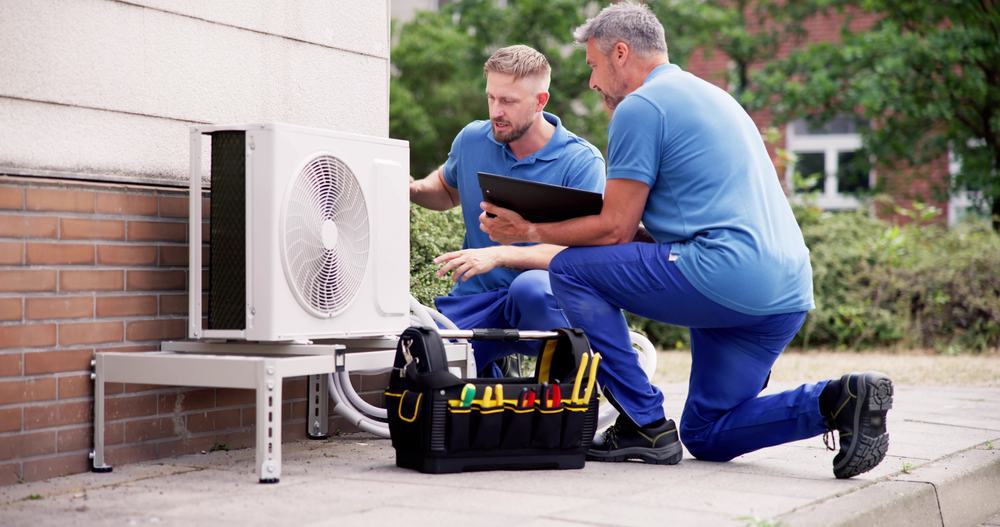 2 technicians working on hvac device.